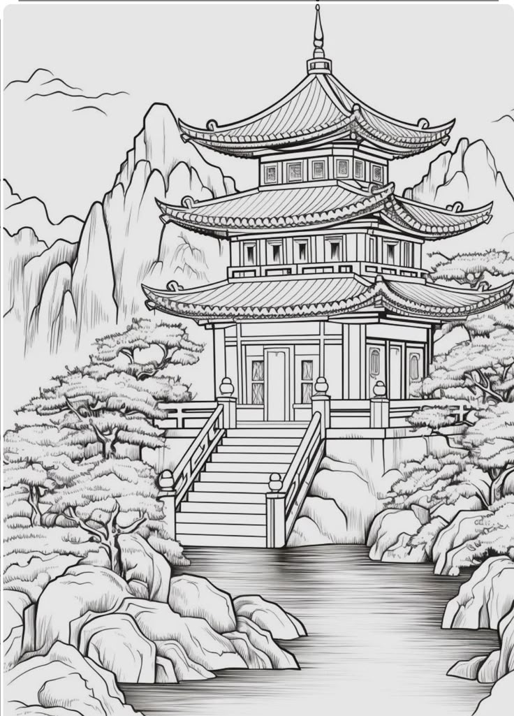 an ink drawing of a pagoda in the mountains