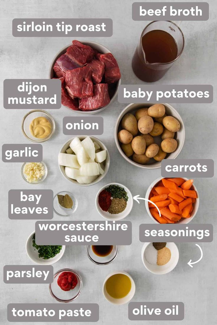 the ingredients to make this recipe include meat, potatoes, carrots and broth