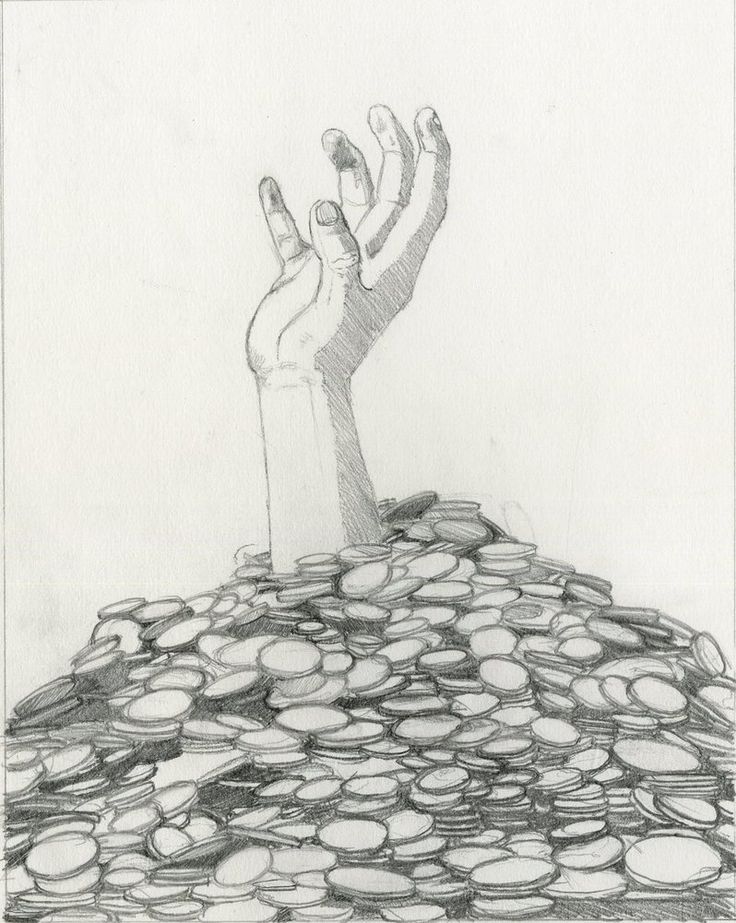 a drawing of a hand reaching out from a pile of coins