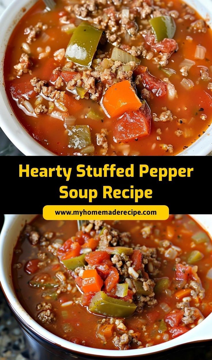 hearty stuffed pepper soup recipe in a white bowl