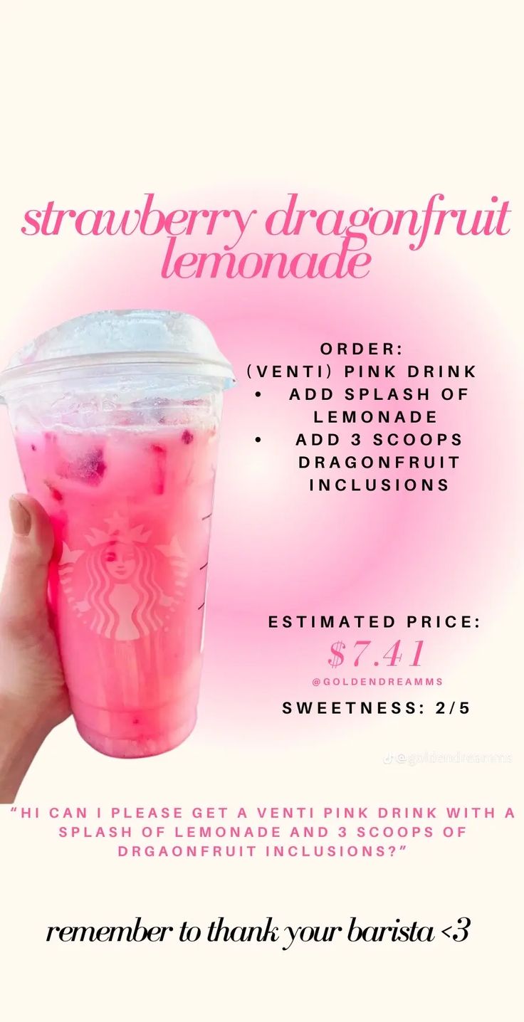 a hand holding up a pink drink with strawberries in it and the text strawberry dragonfruit lemonade