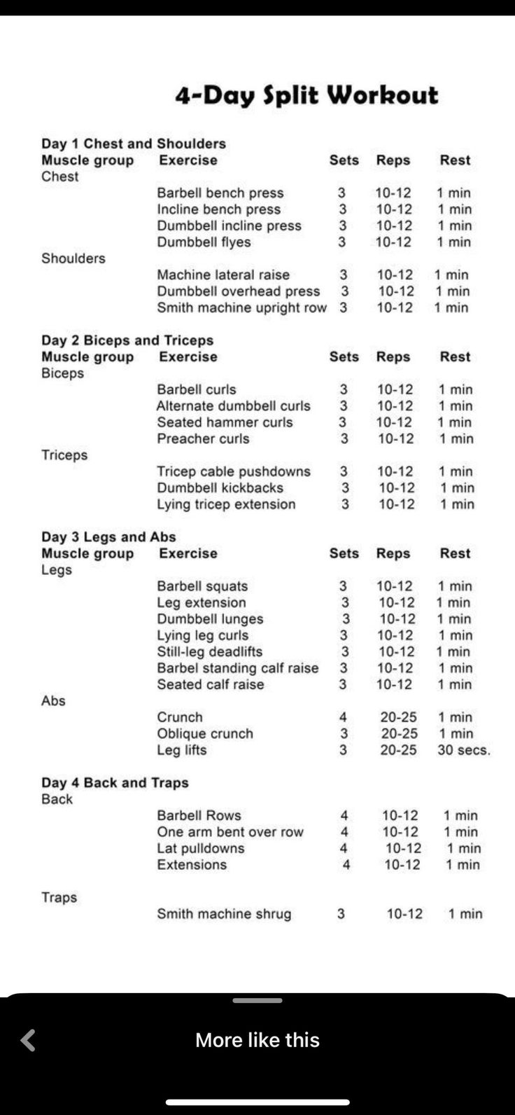 the 4 day split workout plan is shown in this screenshote screen shot from an iphone