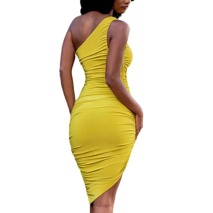 Yellow Pleated One-shoulder Bodycon Dress Yellow Fitted One-shoulder Dress, Yellow Fitted One Shoulder Dress, Fitted Yellow One-shoulder Dress, Yellow One-shoulder Bodycon Dress, Yellow Midi Dress With Fitted Asymmetrical Neckline, Yellow Stretch One-shoulder Bodycon Dress, Yellow One-shoulder Stretch Bodycon Dress, Knee-length Bodycon One Shoulder Summer Dress, Yellow One-shoulder Bodycon Dress For Night Out