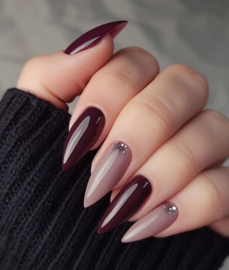 Deep Red Nails Designs Burgundy, Dark Red Nail Designs Burgundy, Fall Oval Nails Design, Almond Fall Acrylic Nails, Fall Ombre Nails Burgundy, Dark Nails For Fall, Berry Nails Design, Aubergine Nails, Fall Stiletto Nails Design