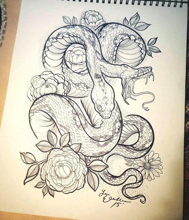 a drawing of a snake with roses on it