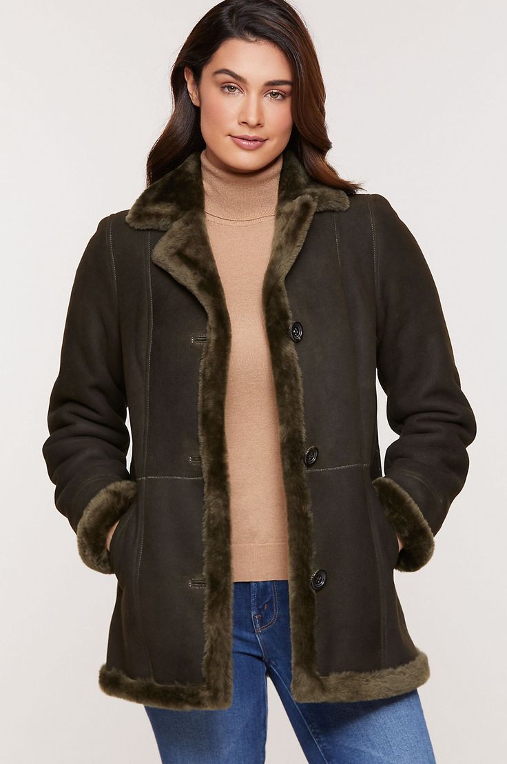 Wrap yourself in plush warmth this winter with the Marlena coat, made from naturally insulating shearling sheepskin. A notch collar and button front give this beautiful coat a classic look, while fur-out edges lend rustic elegance. Two front slip pockets and one inside pocket offer space for warming chilly hands or storing on-the-go essentials. Sheepskin Coat, Notch Collar, Shearling Coat, Rustic Elegance, Stay Cozy, Coat Fashion, Classic Looks, Inside Pocket, Fall Outfits