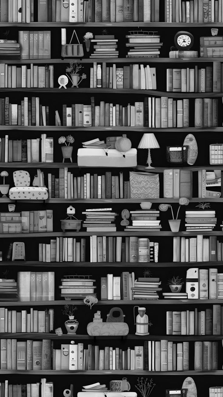 black and white photograph of bookshelves with lamps