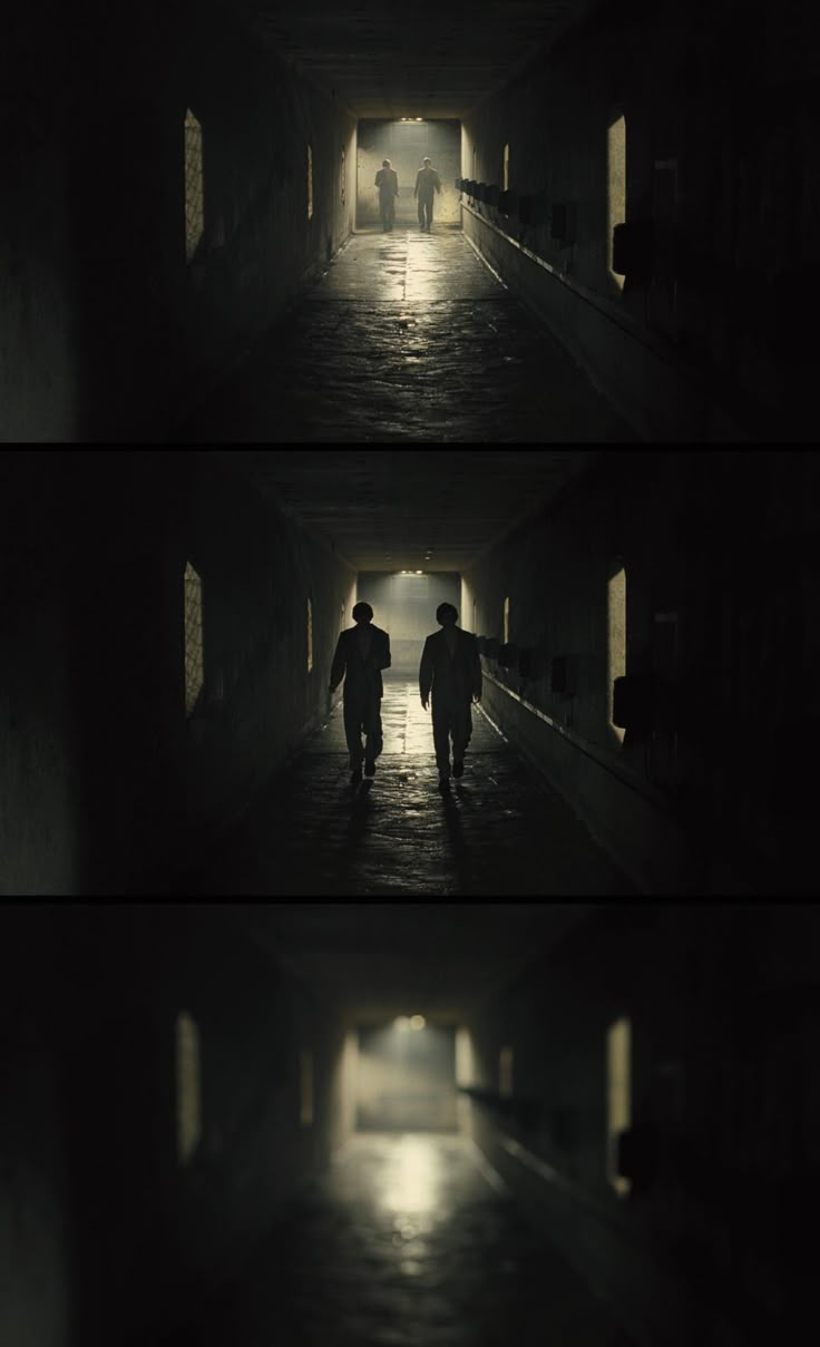 two people walking down a dark tunnel with light coming from the top and one person standing in the middle