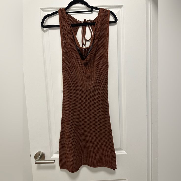 Urban Outfitters Brown Crochet Mini Dress With Keyhole Back And Cow Neck Front New Never Worn! Size Xs Casual Crochet Dress For Beach Party, Spring Brown Mini Dress From Urban Outfitters, Fitted Open Knit Sleeveless Mini Dress, Urban Outfitters Brown Summer Dress, Fitted Sleeveless Open Knit Mini Dress, Casual Open Knit Fitted Mini Dress, Fitted Mini Dress By Urban Outfitters For Beach, Fitted Open Knit Casual Mini Dress, Casual Fitted Open Knit Mini Dress