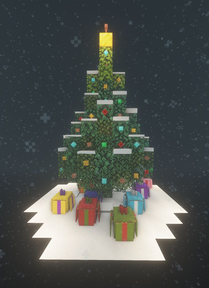 a christmas tree made out of lego blocks with presents around it and snowing on the ground