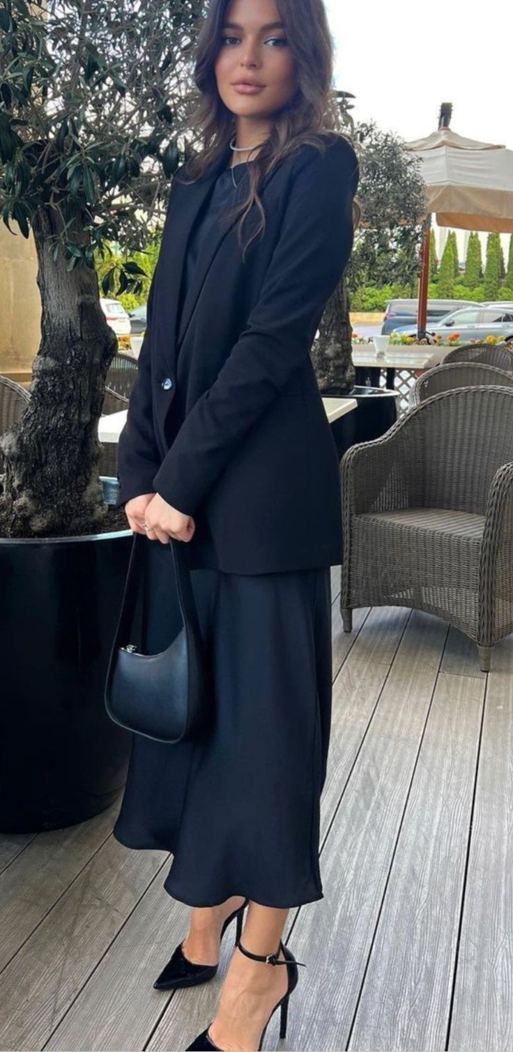 Styling A Dress As A Skirt, Work Outfits Women Modest, Black Dress Slacks Outfit, Black Knit Maxi Skirt Outfit, Formal Black Outfits For Women Classy, Formal Lunch Outfit Classy, Elegant Spring Outfits Classy, Elegant Formal Outfits For Women, Women’s Corporate Attire