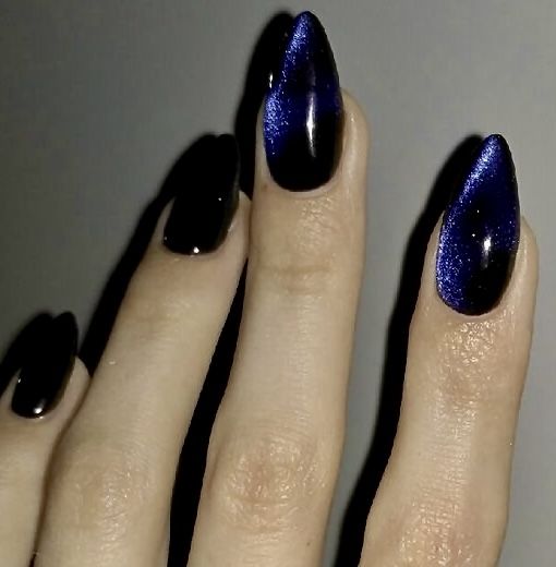 Indigo Prom Nails, Blue And Black Acrylic Nails Designs, Dark Blue Gel Nails Design, Velvet Nails Black, Midnight Blue Nails Acrylic Almond, Navy Blue Jelly Nails, Short Gel Nails Dark Colors, Blue Cat Eye Nails Almond, Navy Jelly Nails