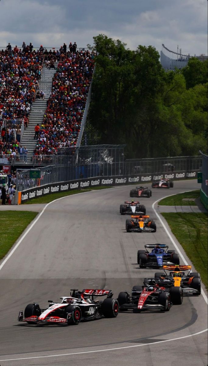 a group of racing cars driving down a race track with spectators in the stands behind them