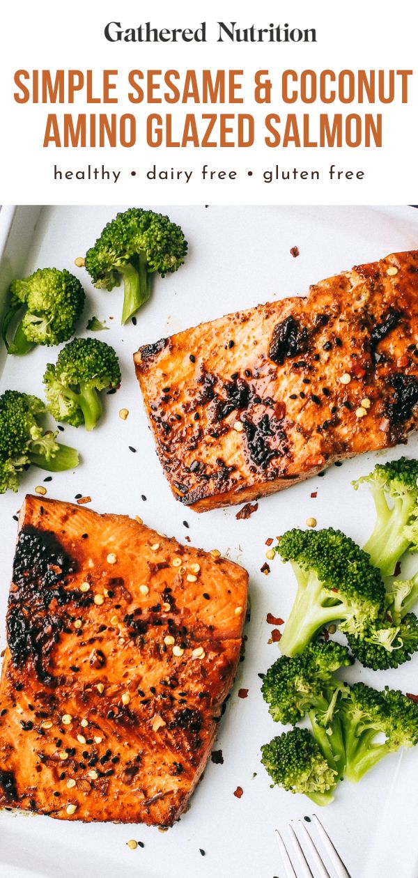 grilled salmon and broccoli on a white platter with text overlay