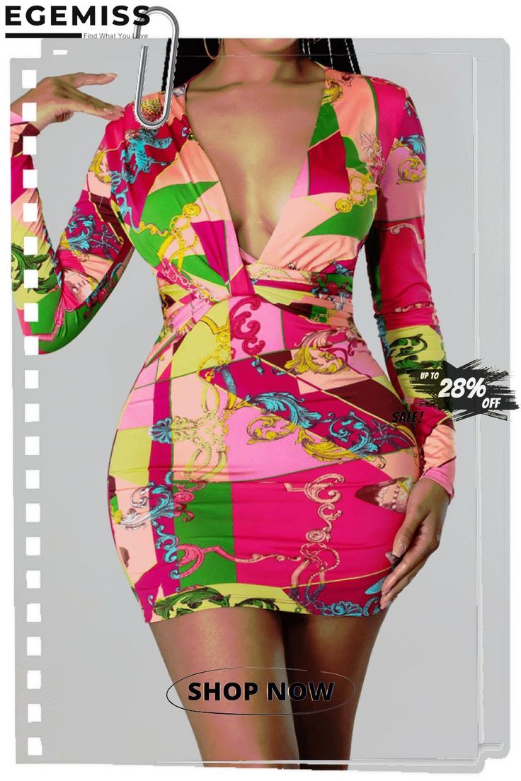 Rose Red Sexy Print Patchwork V Neck Pencil Skirt Dresses Multicolor V-neck Bodycon Dress, Chic Multicolor V-neck Bodycon Dress, Multicolor V-neck Bodycon Dress For Night Out, Chic Multicolor Bodycon Mini Dress, Chic Multicolor Mini Bodycon Dress, Multicolor V-neck Mini Dress For Club, Chic Multicolor Fitted Bodycon Dress, Trendy Multicolor Bodycon Party Dress, Trendy Multicolor Bodycon Dress For Party