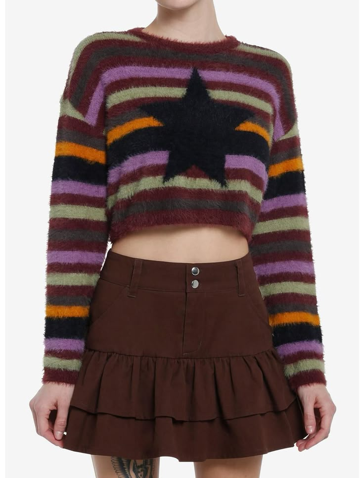 Social Collision Fuzzy Multicolor Stripe Star Girls Crop Sweater | Hot Topic Hot Sweater, Fashion Star, Tall Hoodies, Star Sweater, Plus Size Fits, Crop Sweater, Sweaters And Jeans, Hoodie Girl, Star Girl