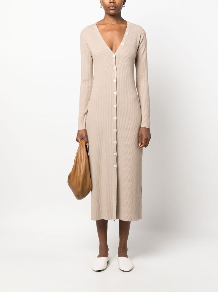 Long Button Down Sweater Dress, Fitted Cream Button-up Midi Dress, Button Down Sweater Dress, Spring Ribbed Button-up Dress, Beige Button-down Midi Dress, Fitted V-neck Sweater Dress With Buttons, Spring A-line Ribbed Sweater Dress, Rib Cardigan, Button Down Sweater