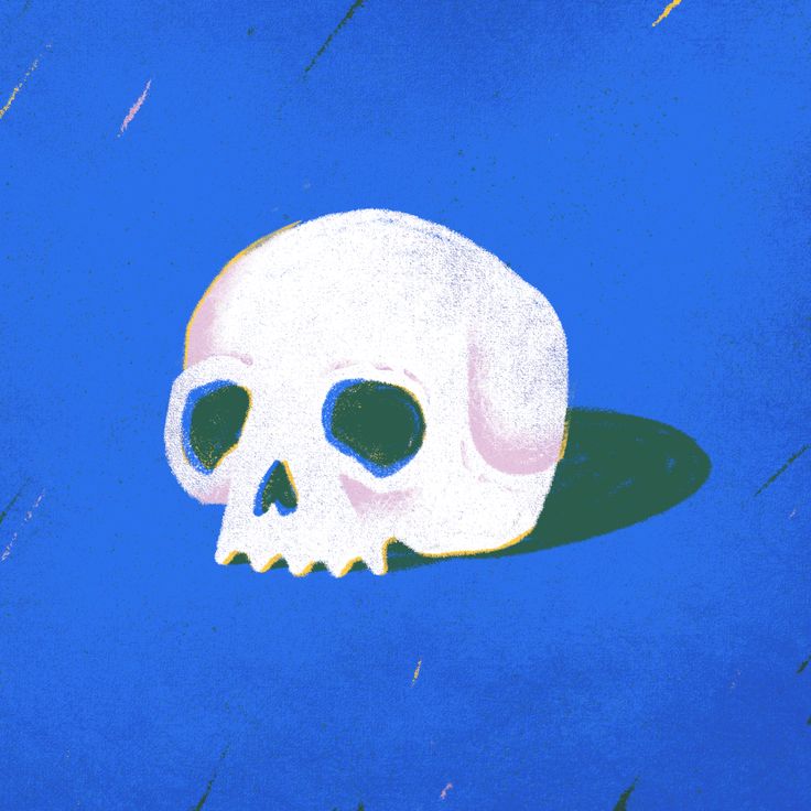 a painting of a white skull on a blue background with the shadow of it's head