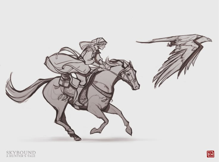 a drawing of a man riding on the back of a horse with an eagle flying above him