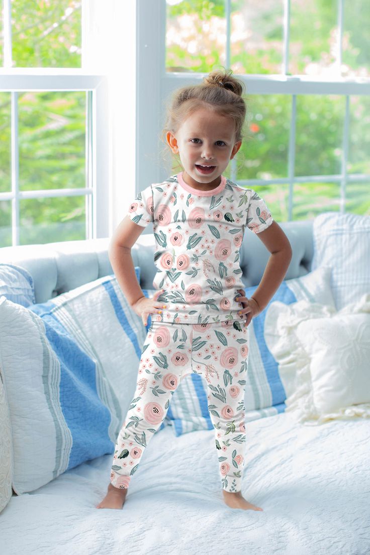 FINAL SALE Add fun and colorful prints to her nightwear collection with this pretty pajama set. Includes top and bottoms Comfortable elasticated waistband Headband sold separately Pull on 95% Cotton/5% Spandex Machine washable with like colors, tumble dry low Keep away from fire Click Shop by Print for matching pieces For child's safety, garment should fit snugly. This garment is not flame resistant. Loose fitting garment is more likely to catch fire. Ivy Girl, Girls Pajama, Big Sister Gifts, Matching Pjs, Cozy Pajamas, Girls Sleepwear, Floral Pajamas, Monogram Styles, Be Mine