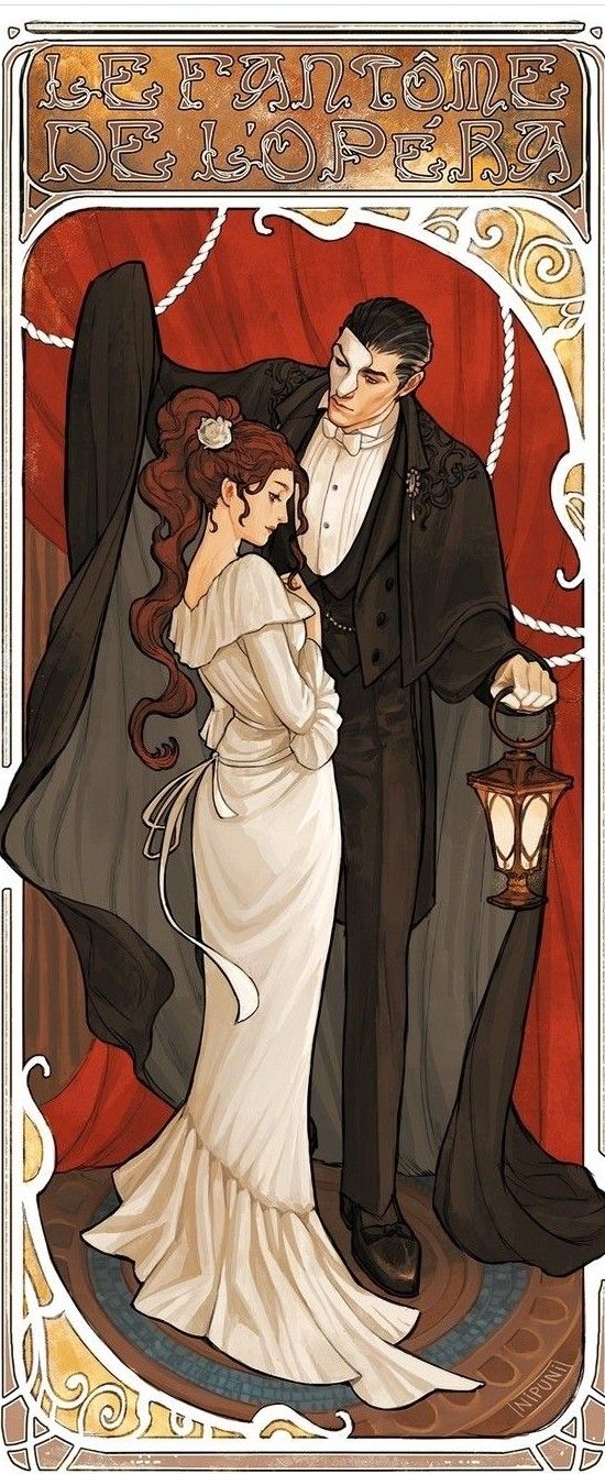 an illustration of a man and woman dressed up as dracula and bride in front of a red background