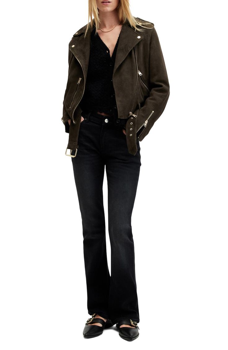 Zippers at the cuffs and pockets play up the biker-chic attitude of this outfit-making suede jacket. Front zip closure Notched lapels Front zip pockets Removable belt Lined Leather Professional leather clean Imported Chic Long Sleeve Biker Jacket With Belt Loops, Chic Fall Outerwear With Zip Cuffs, Chic Winter Leather Jacket With Belt Loops, Edgy Fall Outerwear With Zip Cuffs, Trendy Suede Leather Jacket For Work, Winter Suede Biker Jacket For Workwear, Suede Biker Jacket For Workwear In Winter, Suede Leather Jacket With Zipper For Fall, Chic Winter Leather Jacket With Metal Zipper