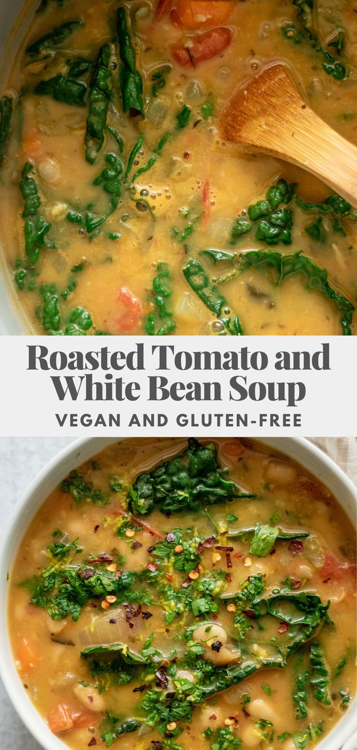 two pictures showing different types of soup in white bowls and one with spinach on top