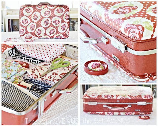 several pictures of red and white suitcases with different patterns on them, including one in the middle