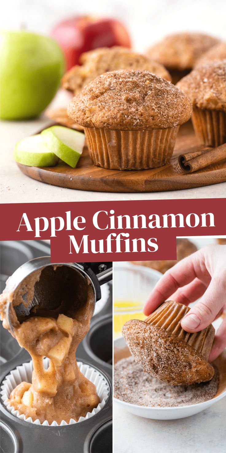 apple cinnamon muffins with apples in the background and an image of someone holding a cupcake