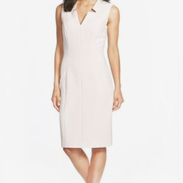 Stunning Hugo Boss White Dimita Sheath Dress Size 14 Sleeveless With Zip Closure Cut-Out Notched V-Neck Fully Lined New Without Tags Fitted Beige Sleeveless Sheath Dress, White V-neck Shift Midi Dress, White Shift Midi Dress With V-neck, White Stretch V-neck Sleeveless Dress, Solid V-neck Shift Dress, Hugo Boss Dress, White Sleeveless, Crepe Dress, Sheath Dress