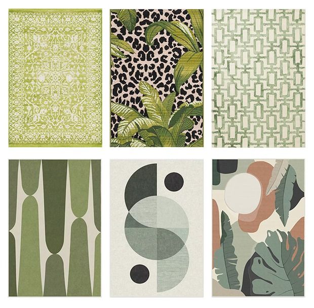 four different types of wallpapers in various colors and patterns, each with an animal print