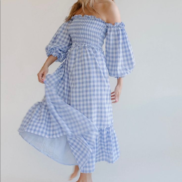 New Condition , Never Worn . Got Shipped 2 Fitted Gingham Midi Dress For Spring, Spring Vacation Gingham Maxi Dress, Spring Gingham Maxi Dress For Vacation, Chic Blue Dress For Picnic, Spring Light Blue Maxi Dress For Brunch, Light Blue Maxi Dress For Spring Brunch, Spring Gingham Maxi Dress For Brunch, Blue Midi Dress For Picnic, Spring Brunch Light Blue Maxi Dress