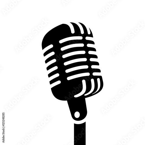 a black and white silhouette of an old fashioned microphone with the word's name on it