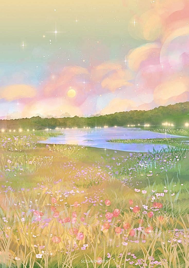 a painting of a field with flowers and stars in the sky above it is a lake surrounded by tall grass