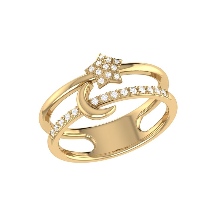 Amp up your ring stack game with the dainty yet iconic Starlit Crescent Double Band Ring. Crafted in 925 Sterling Silver, this ring features 100% natural, genuine diamonds. 0.12 carats of diamonds are used in individual plate prong & micro pave settings. This ring is plated in 14K Yellow Gold Vermeil, which gives the piece a long-lasting shelf-life. This ring is offered in custom sizes. The ring thickness ranges from 2.6mm to 10.3mm.The ring is beautifully presented with the inspirational po Band Diamond Ring, Double Band Ring, Double Band Rings, Diamond Rings Bands, Micro Pave, Silver Diamonds, Womens Jewelry Rings, Band Ring, Gold Vermeil