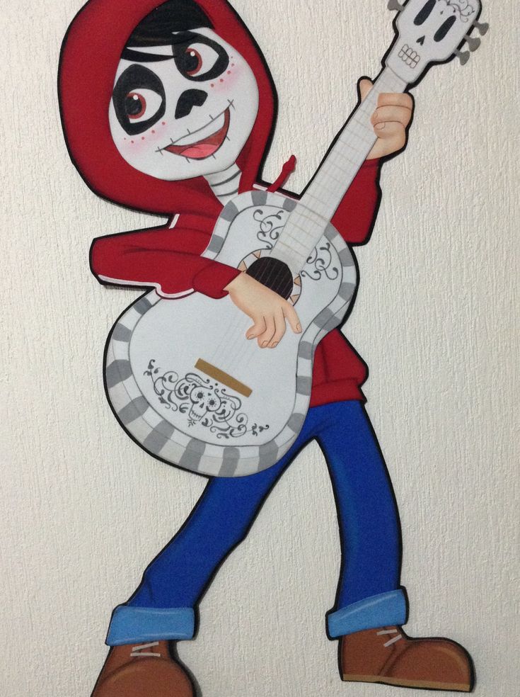 a paper cut out of a cartoon character holding a guitar and wearing a red hoodie