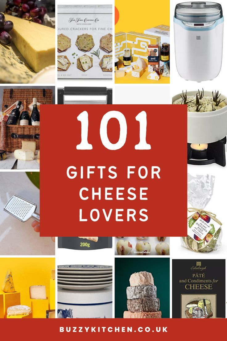 the words 101 gifts for cheese lovers are in red and white with images of cheeses