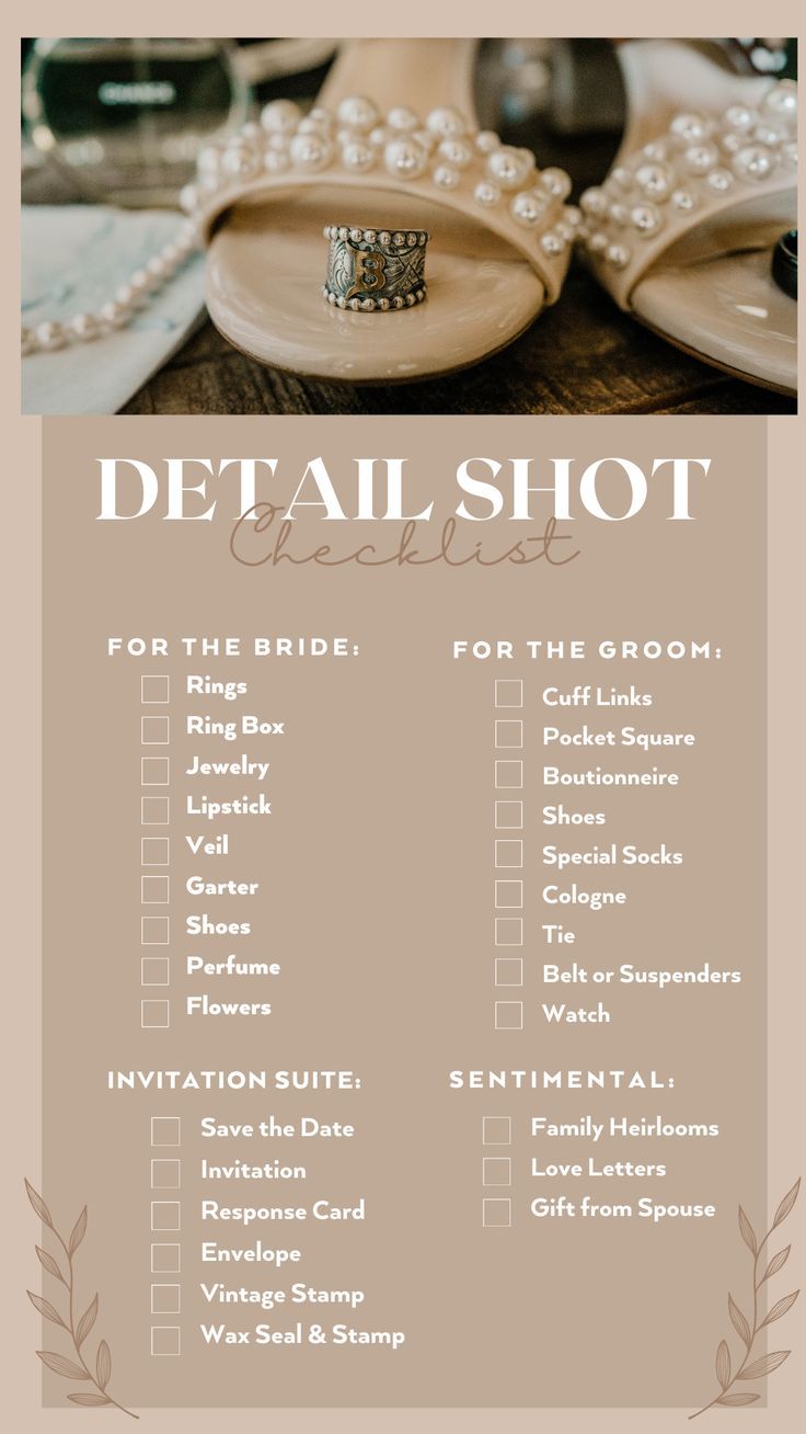 a wedding checklist for the bride with pearls and rings on it's shoes