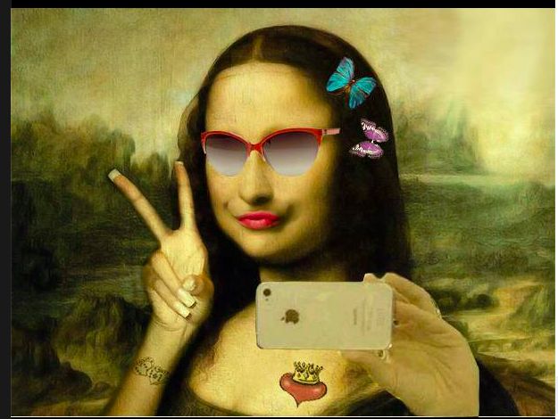 a woman in sunglasses holding up a cell phone and pointing to the peace sign with butterflies on her forehead