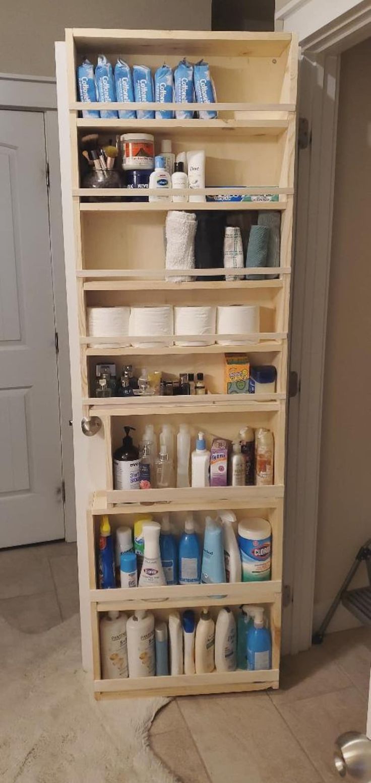 the shelves are filled with different types of cleaning products