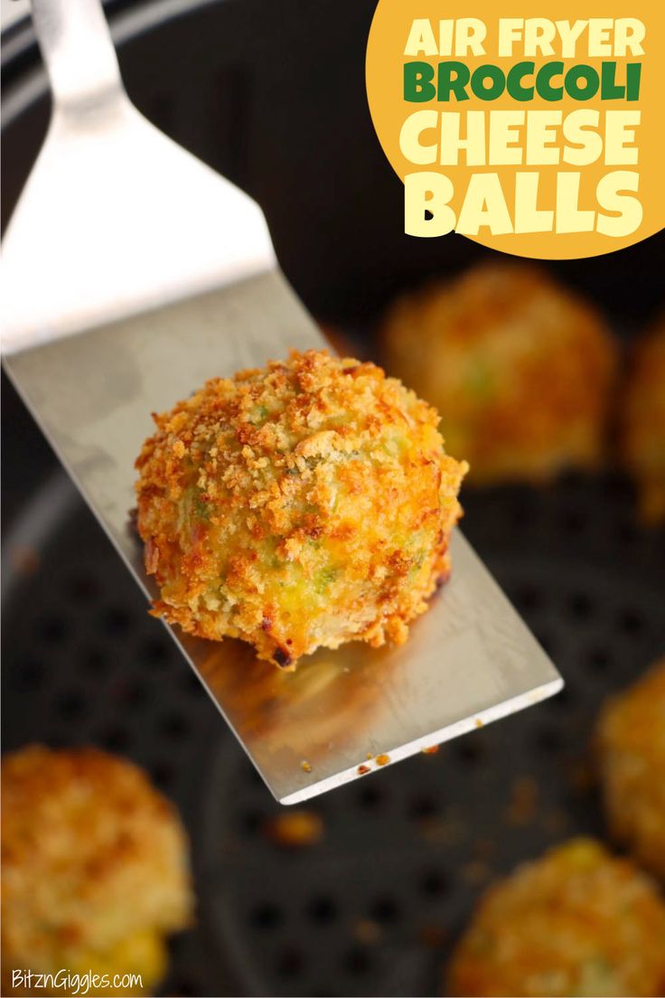 an air fryer broccoli cheese balls is being held by a spatula