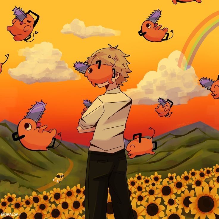 a man standing in front of a field of sunflowers with birds flying over him