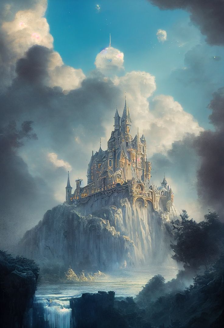 a castle on top of a mountain surrounded by clouds