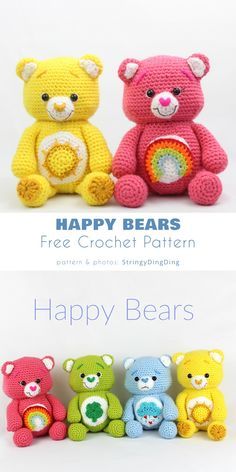 four crocheted teddy bears in different colors