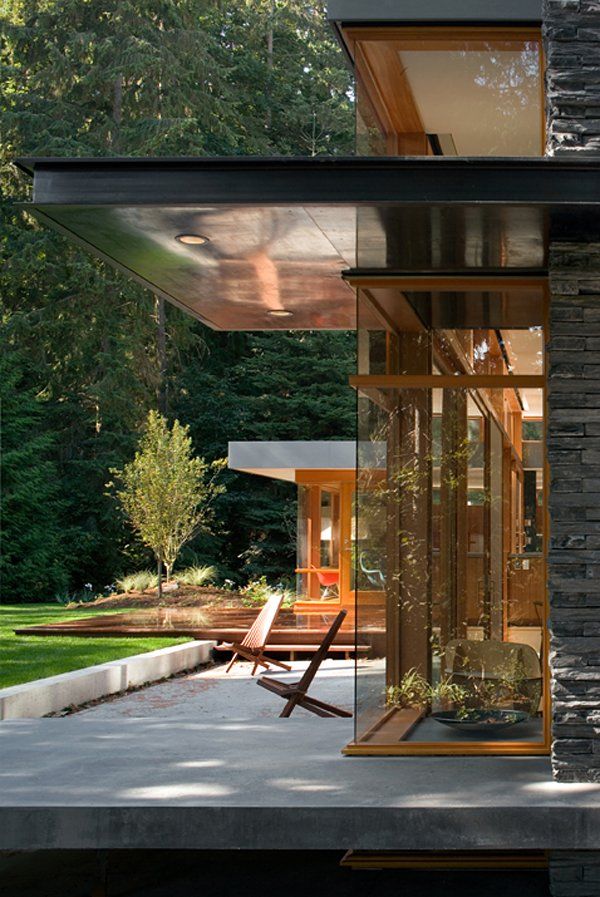 an exterior view of a modern house in the woods