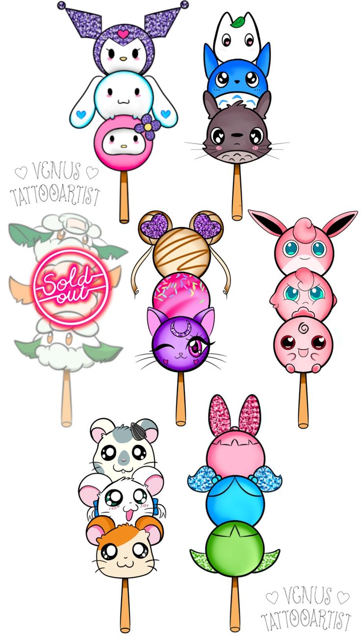 six cartoon animals on top of each other holding lollipops in their mouths