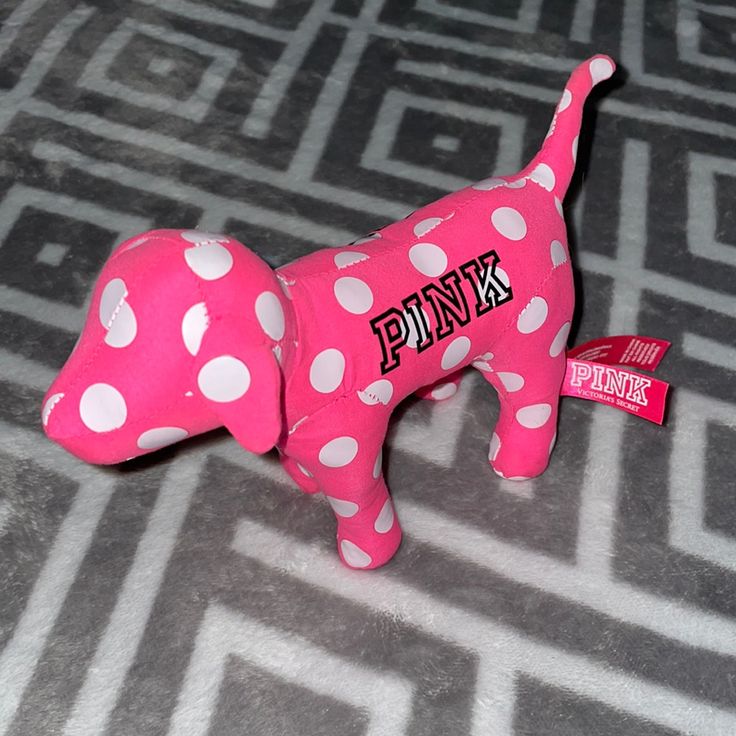 Victoria Secret Pink Poka Dot Dog. In Perfect Condition. Victoria’s Secret Pink, Thrifting Manifestation, Angel Workout, Thrift Manifestation, Zebra Room, Vs Pink Dog, White Baseball Hat, Vs Pink Nation, Holiday Onesies