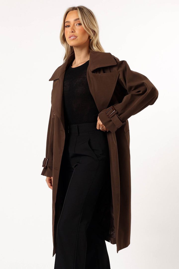 Billy Button Front Trench Coat - Chocolate Brown Satin Dresses Long, Satin Dresses Long Sleeve, Shoulder Epaulettes, Black Tie Wedding Guests, White Dress Shoes, Double Breasted Trench Coat, Essential Dress, Resort Dresses, Crop Top Tees