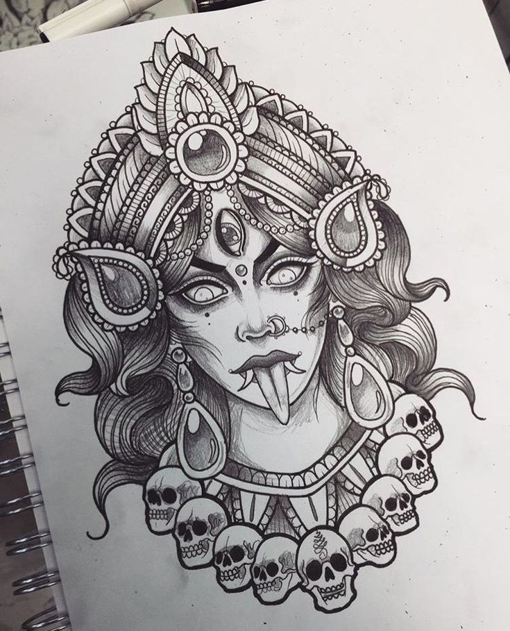 a drawing of a woman's face with skulls around her neck and headdress