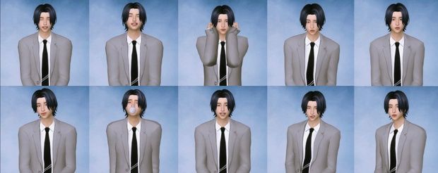 multiple shots of a man wearing a suit and tie with six different expressions on his face